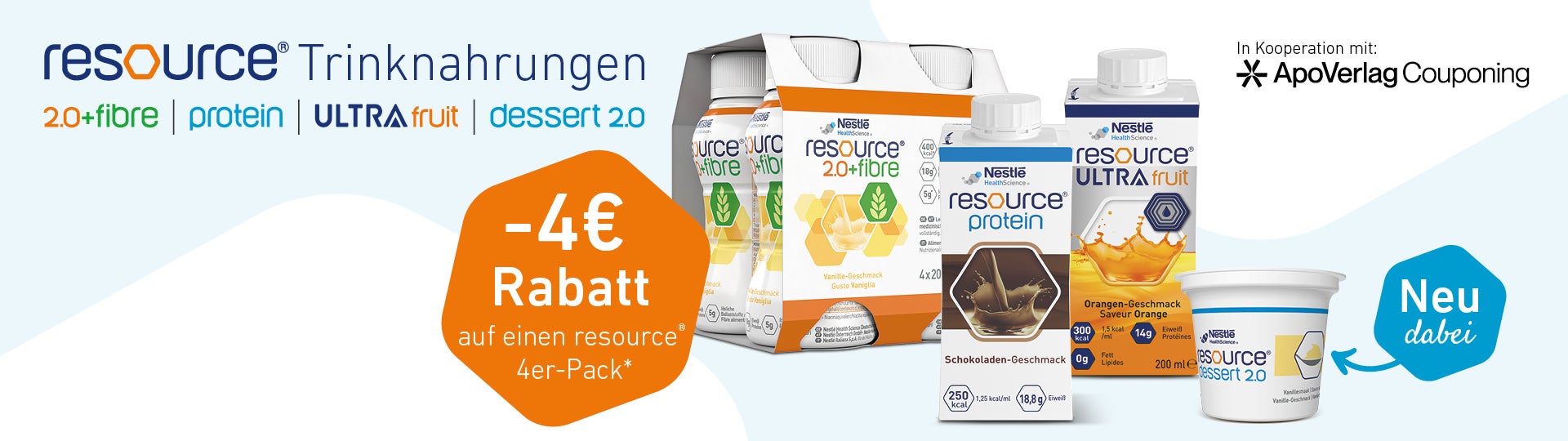 Werbebanner mit verschiedenen Resource‑Trinknahrungen und einem Hinweis auf 4‑Euro‑Rabatt.