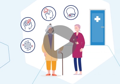 Illustration von zwei älteren Personen mit Symbolen für gesundheitliche Beschwerden.