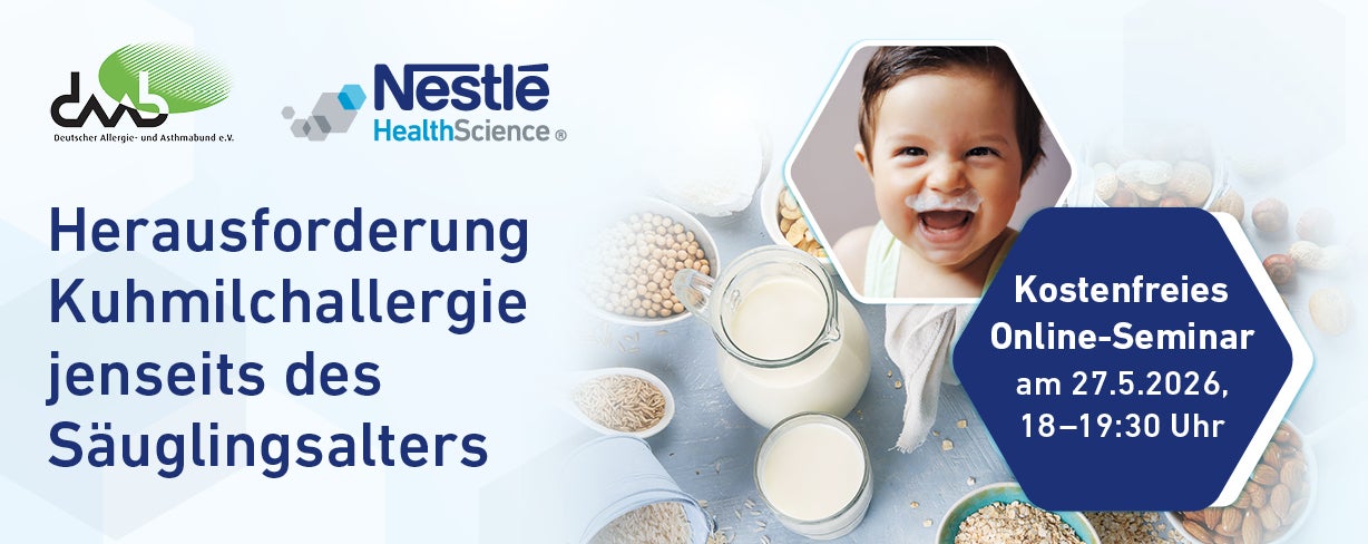Webinar-Banner zu Kuhmilchallergie mit Milchprodukten, Kleinkindfoto, Logos und Seminartermin.