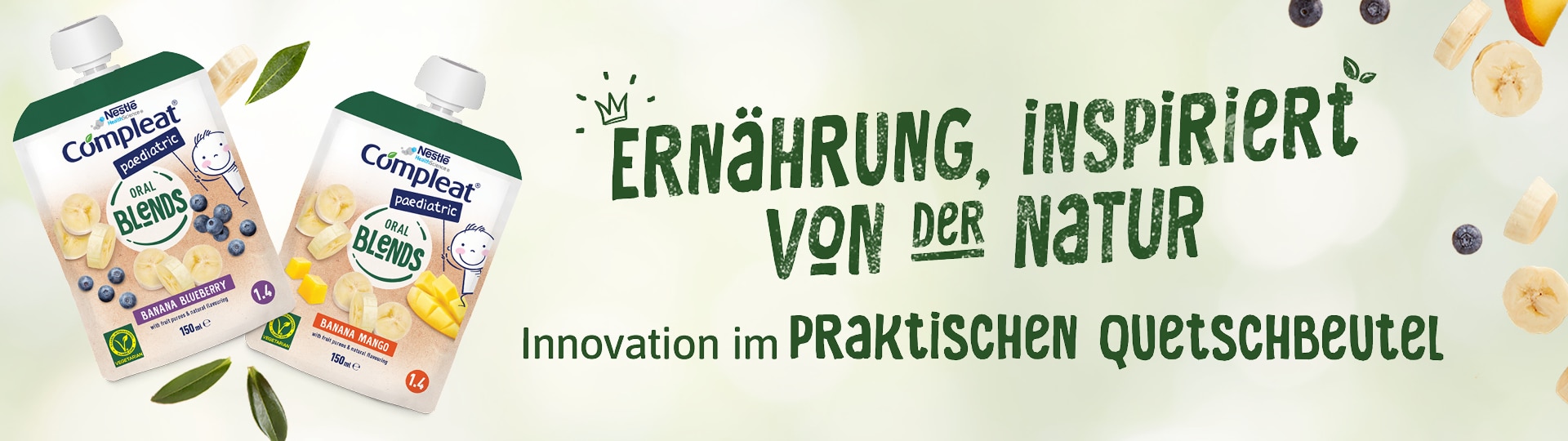 Header-Bild mit zwei Nestlé Compleat Pediatric Oral Blends Quetschbeuteln, umgeben von Früchten, mit dem Text „Ernährung, inspiriert von der Natur – Innovation im praktischen Quetschbeutel“.