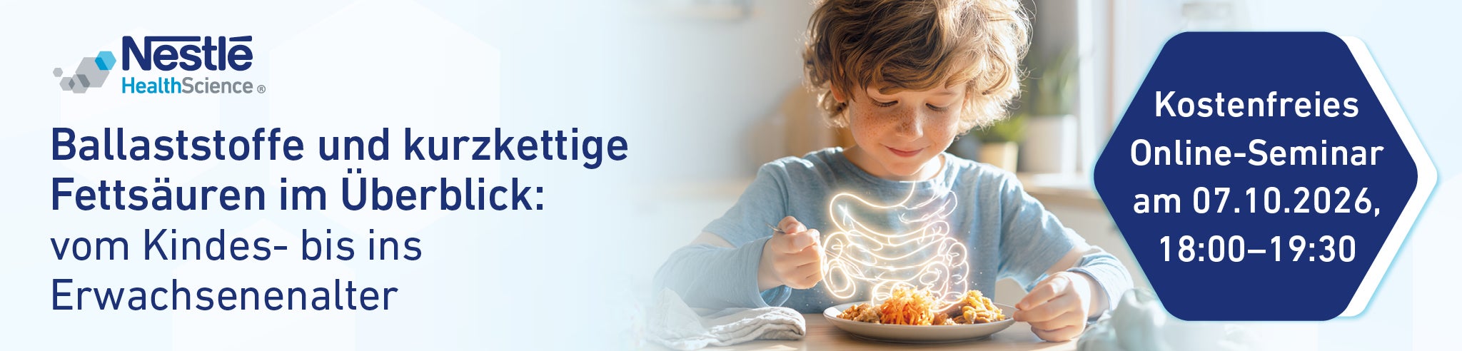 Kind mit Mahlzeit und Darmgrafik, Hinweis auf kostenloses Online-Seminar zu Ballaststoffen und Fettsäuren.