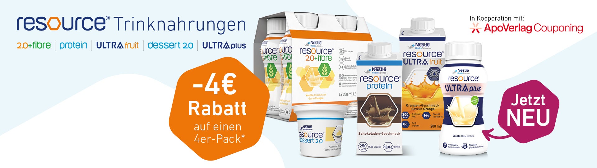 Werbebanner mit verschiedenen Resource‑Trinknahrungen und einem Hinweis auf 4‑Euro‑Rabatt.