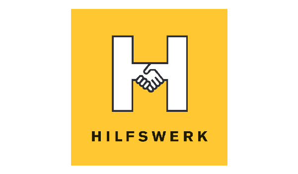 Logo des Hilfswerk mit einem gelben Hintergrund und einem Händedruck-Symbol