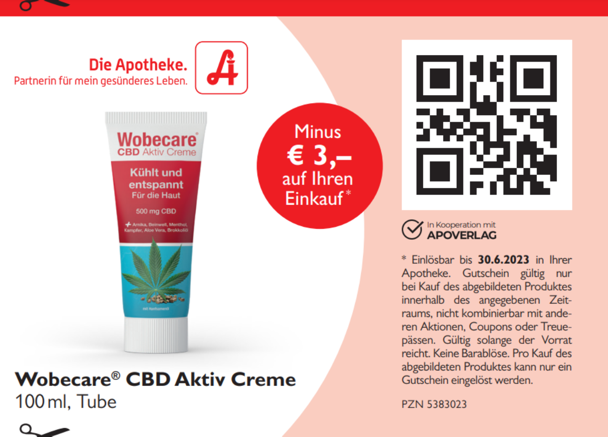 Wobecare CBD Aktiv Creme Angebot: Kühlend und entspannend für die Haut. Rabatt von 3 Euro