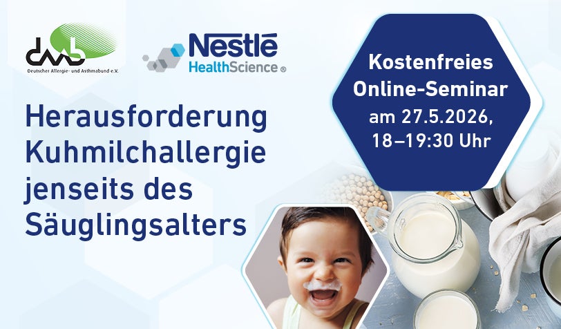 Vorschaubild zum Online-Seminar über Kuhmilchallergie mit Milchprodukten, Kleinkindfoto und Datum.