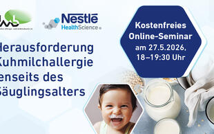 Vorschaubild zum Online-Seminar über Kuhmilchallergie mit Milchprodukten, Kleinkindfoto und Datum.