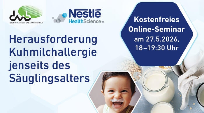 Vorschaubild zum Online-Seminar über Kuhmilchallergie mit Milchprodukten, Kleinkindfoto und Datum.